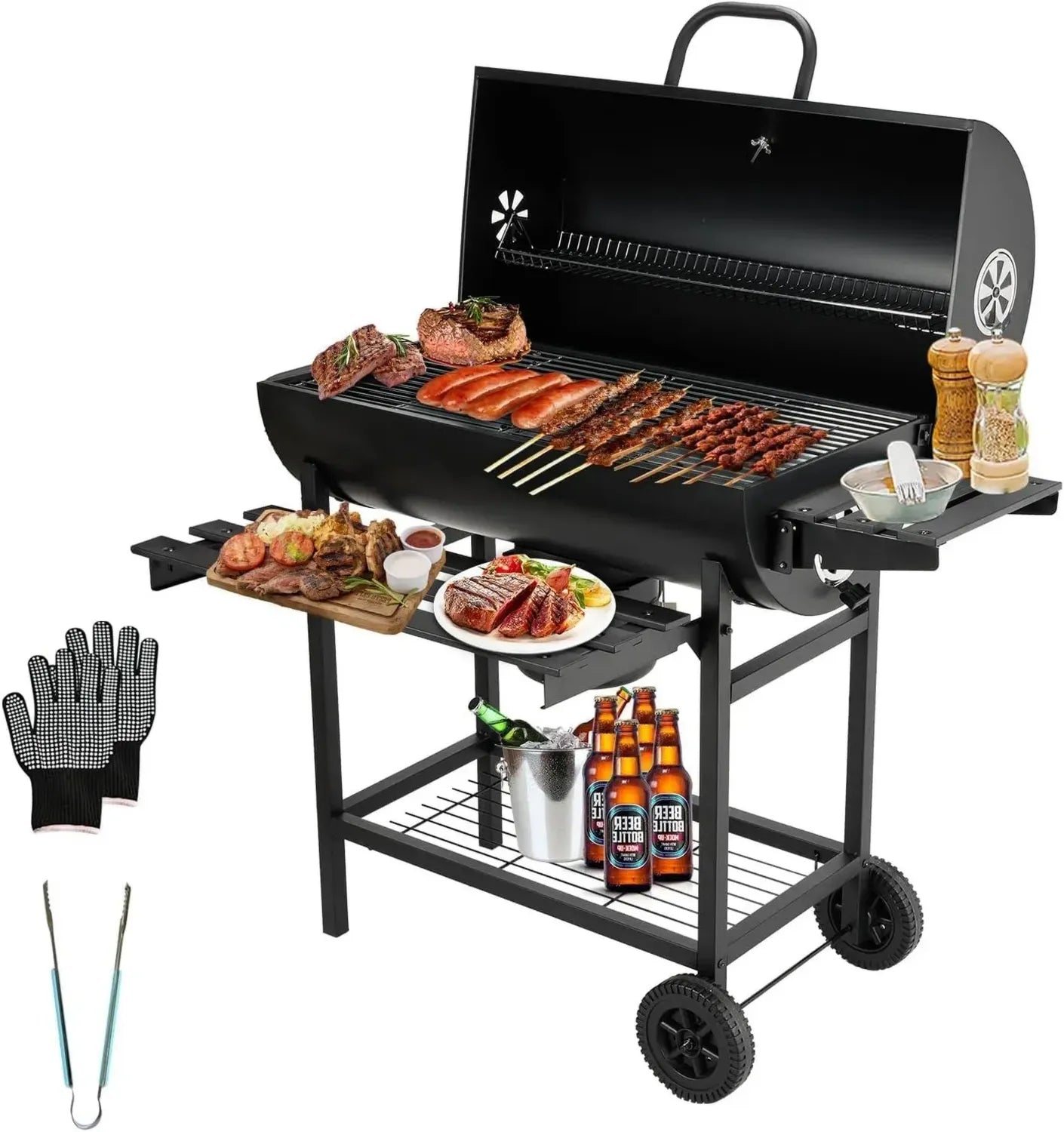 Gril à Charbon de Bois TEENO, XXL avec Gants Ignifuges et Thermomètre, Tiroir à Cendres et Ventilation Réglable