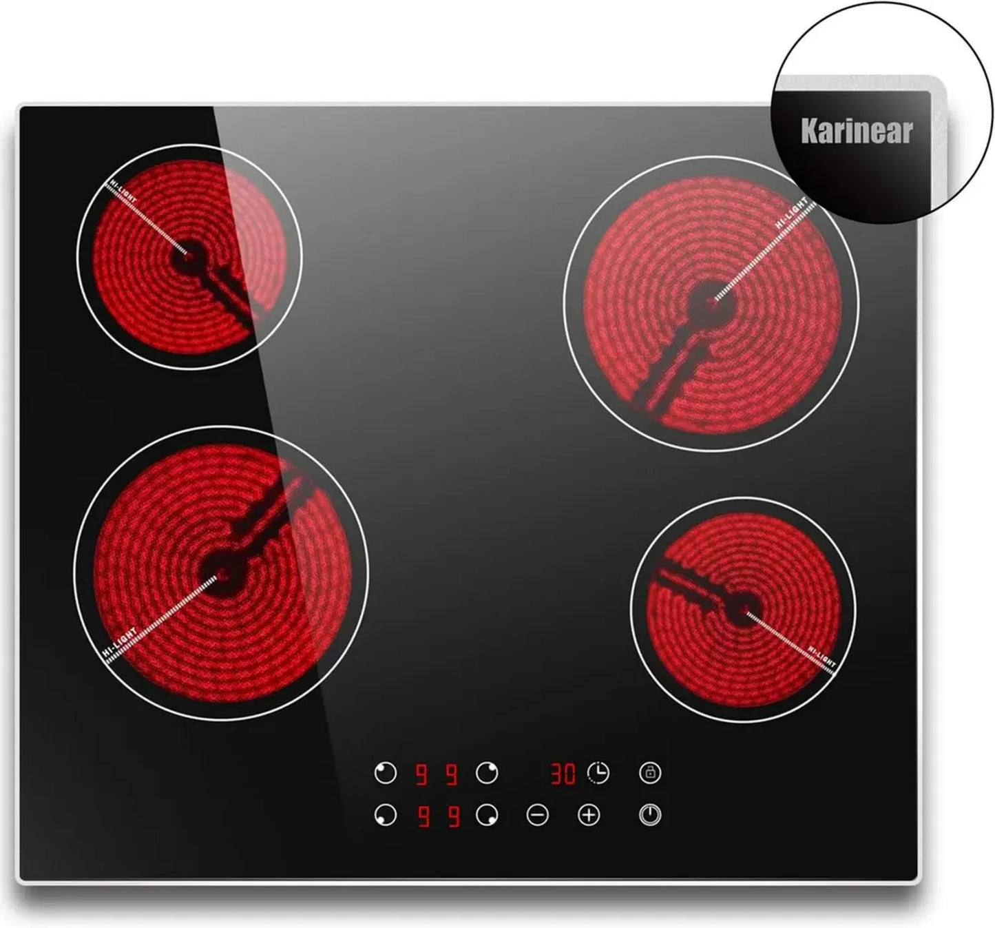 Plaque Vitrocéramique Intégrée 60 cm, 4 Zones - Sécurité Enfant, Minuterie, 6000W