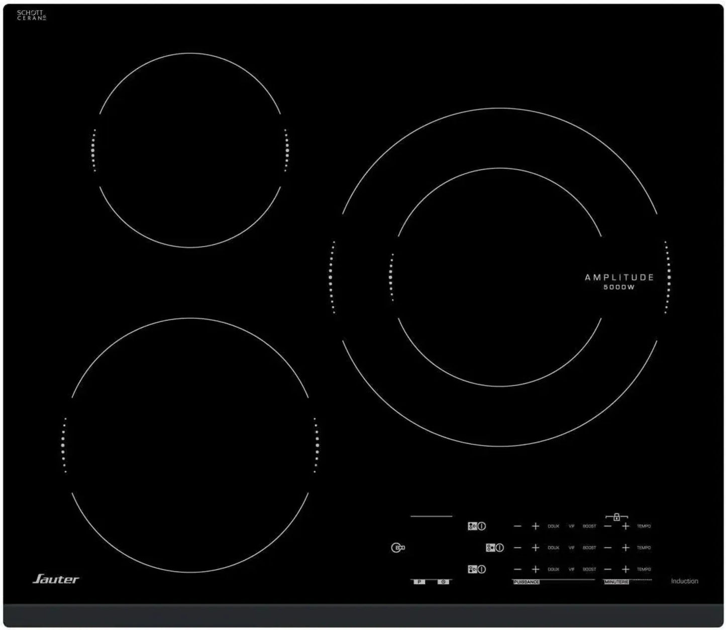 Plaque à Induction Sauter SPI4362B - 3 Zones de Cuisson - 7200W - Noir - Taille Encastrement 56x49cm - Fonction EasyCook - Made in France