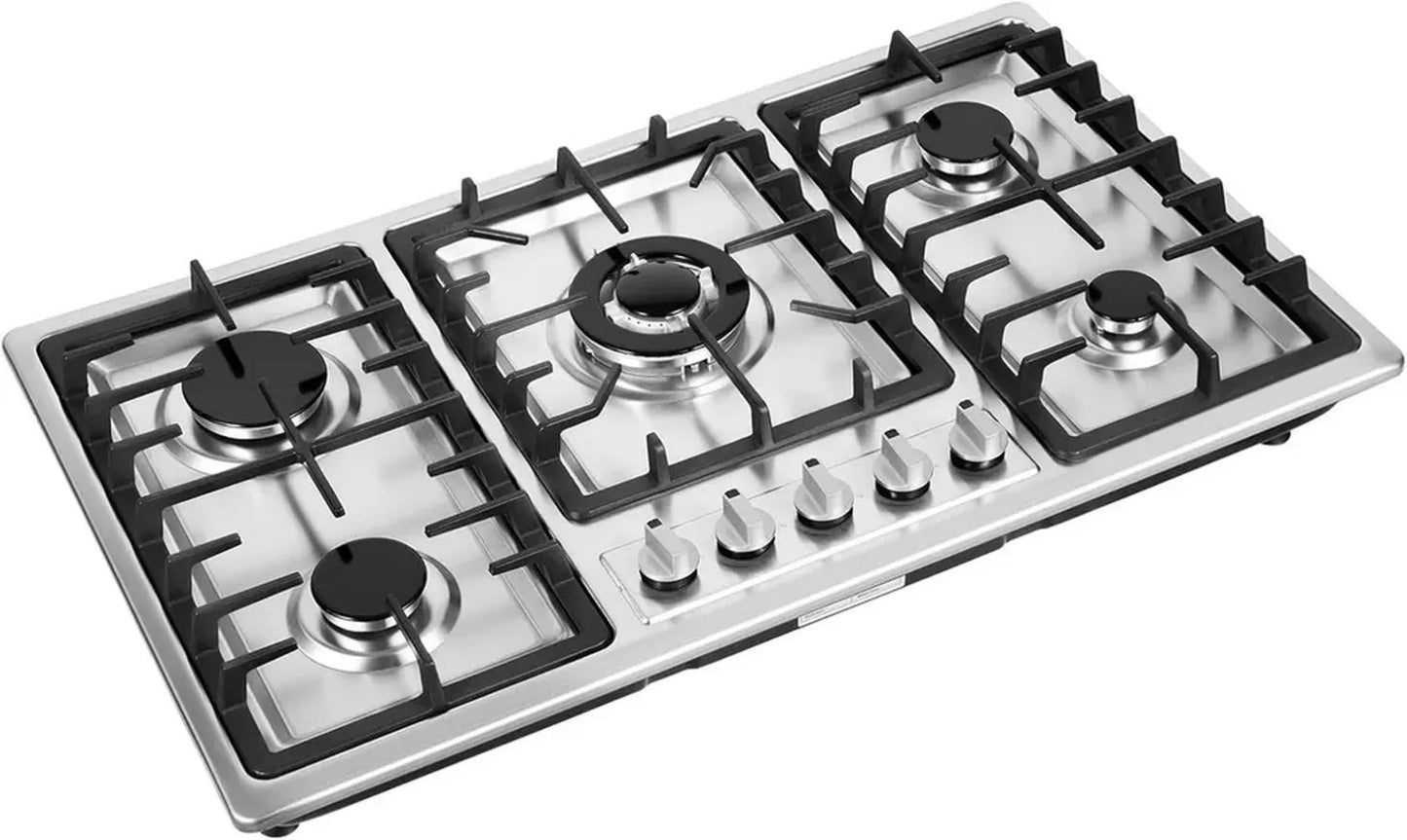 Table de cuisson à gaz encastrable, 5 foyers, 86x51 cm, acier inoxydable, compatible gaz naturel