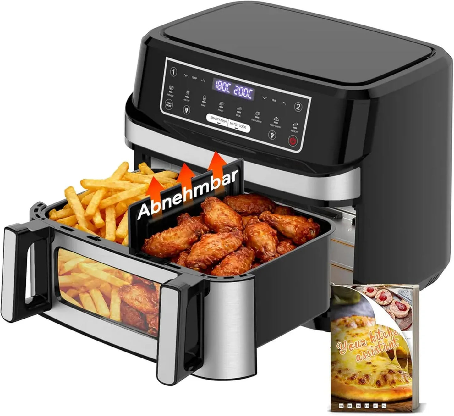 Friteuse à Air 12L XXL, Double Chauffage 2600W, Contrôle Indépendant, Fenêtre Éclairée, 2 Compartiments Sans Huile, Écran Tactile avec Recettes 8-en-1