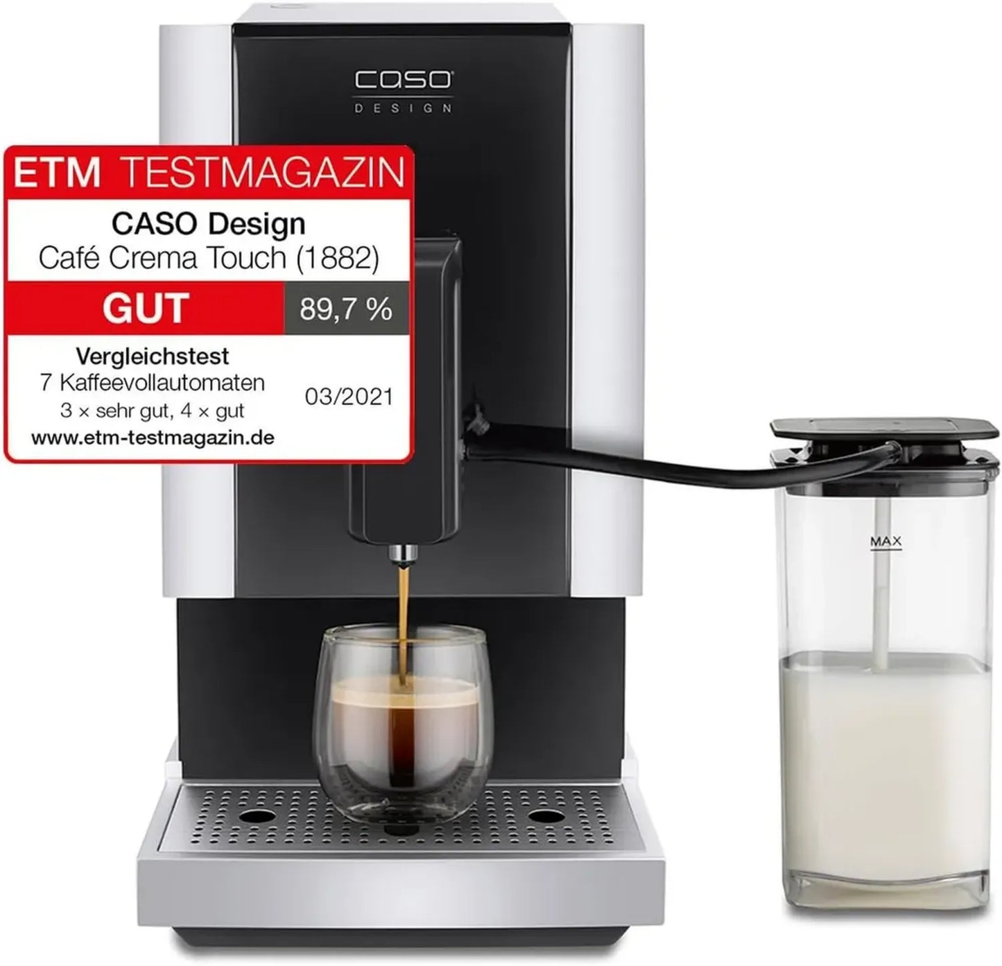 Machine à Café Automatique CASO Cafè Crema avec Système de Lait, Broyeur Conique Ajustable, Spécialités de Café à Toucher, Noir et Acier
