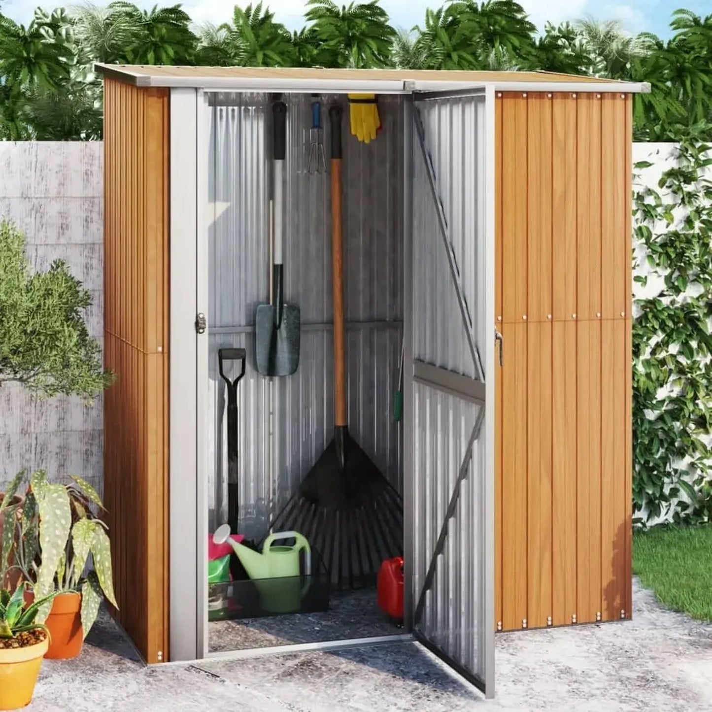 Cabane de Jardin en Acier Galvanisé Effet Bois avec Toit en Appentis et Porte 180,5 x 97 x 209,5 cm
