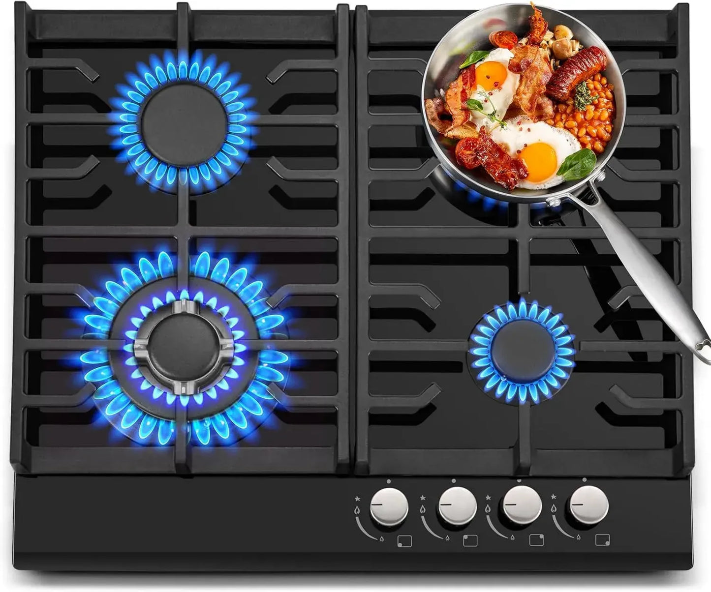 TopStrong Cuisinière à Gaz 4 Feux, 60 cm en Verre Noir avec Supports en Fonte, Convertible GN/GPL, Sécurité Anti-Flamme