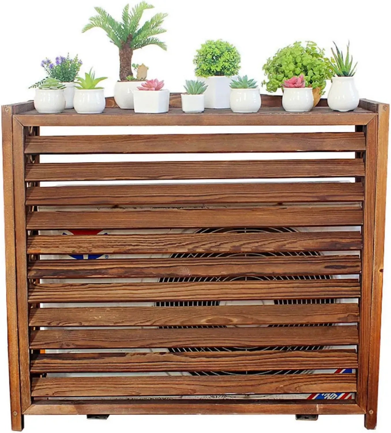 Couvre Climatiseur Extérieur en Bois, Support Décoratif Résistant aux Intempéries, Marron, Plusieurs Tailles Disponibles