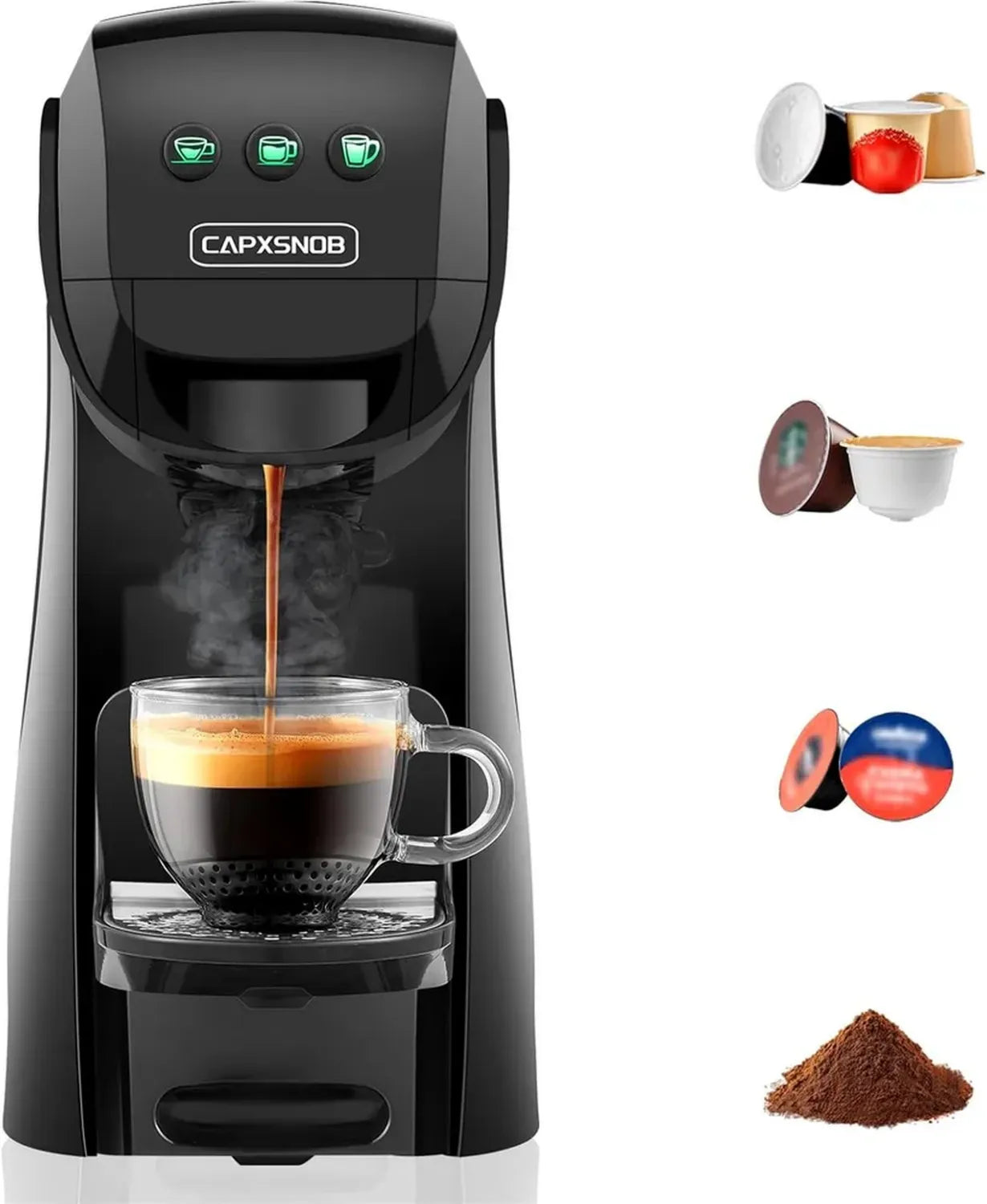 Cafetière Compacte 4 en 1 - Compatible Dolce Gusto, Nespresso, Lavazza et Poudre - 20 Bars, Réglage Température et Volume - 0,8 L