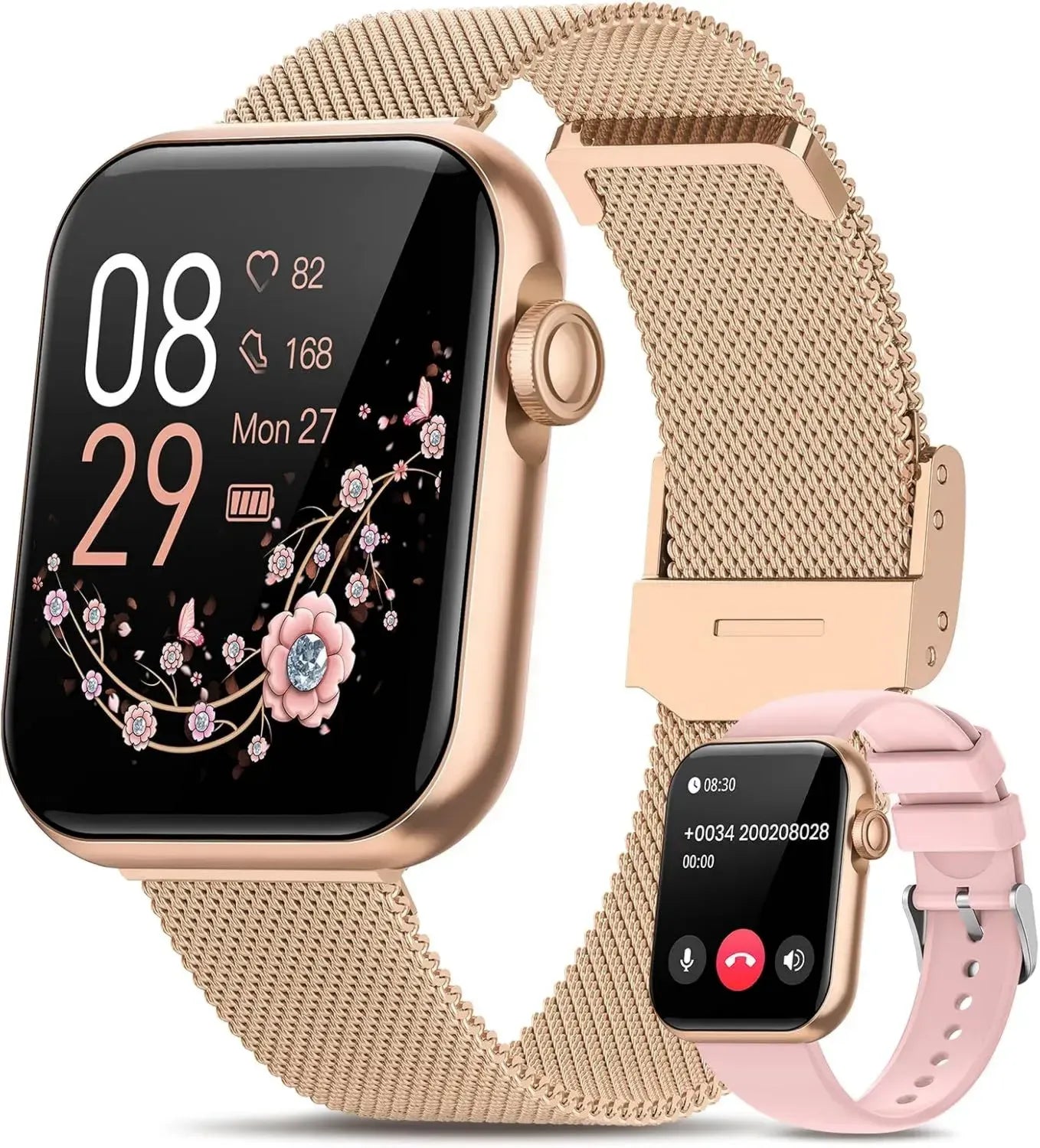 Montre Intelligente Femme 1.83' avec Appel, 3 Bracelets, Suivi de Santé Complet, Modes Sportifs Multiples, Étanche IP68, Compatible Android iOS, Or Rose