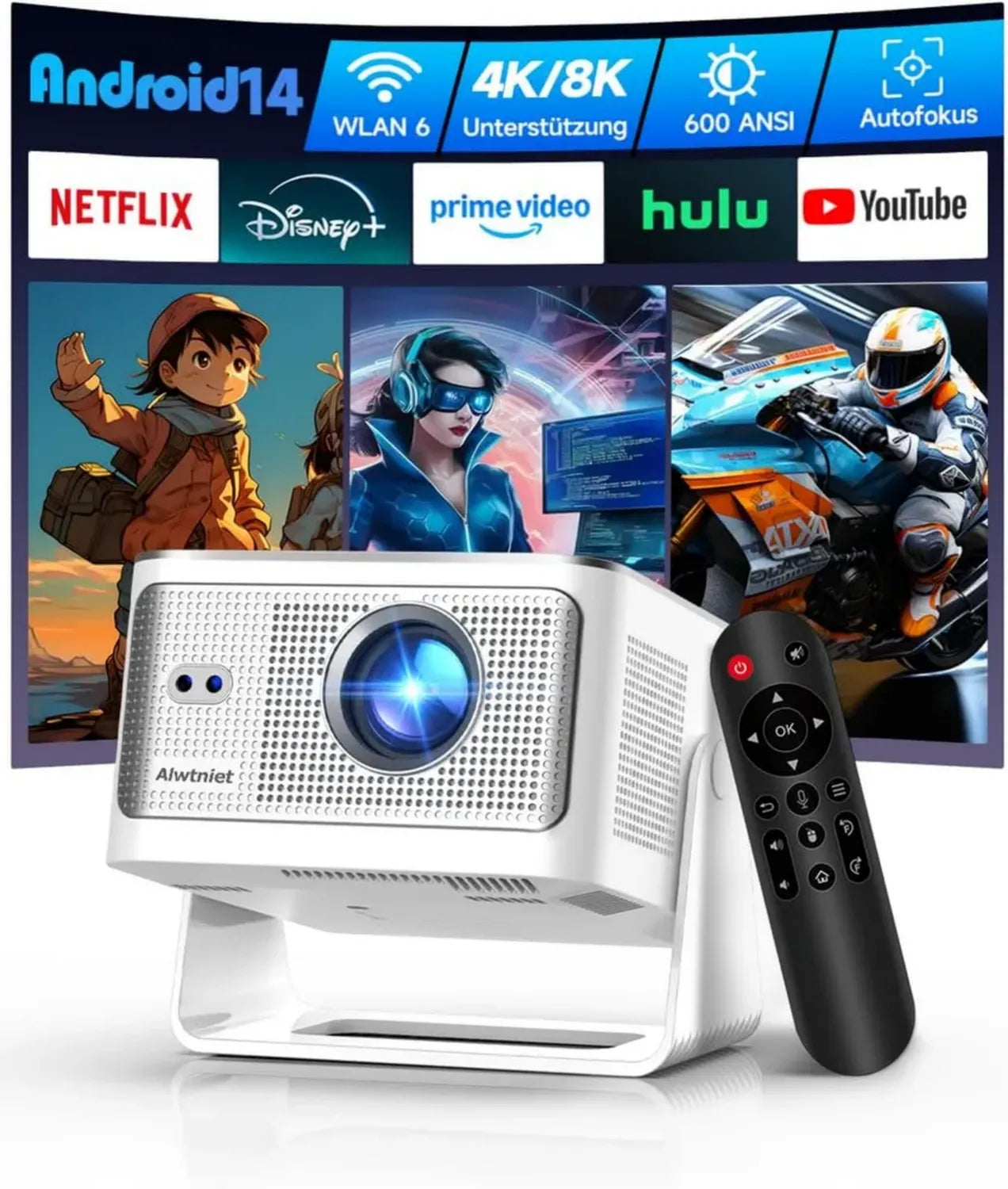 Projecteur Portable 4K 8K Alwtniet, 1080P Natif, WiFi 6 et Bluetooth 5.4, Android 14, Autofocus, Correction 6D, Focale Ultra-Courte, Rotation 180°