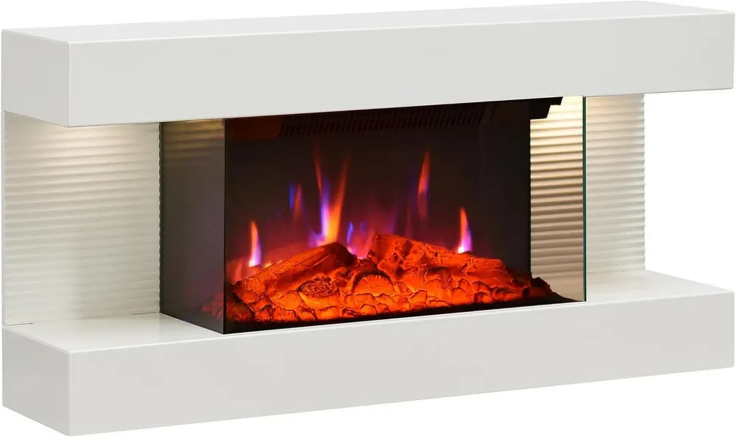 Cheminée Électrique Murale 3D avec Télécommande et Thermostat, 1800W, Blanc