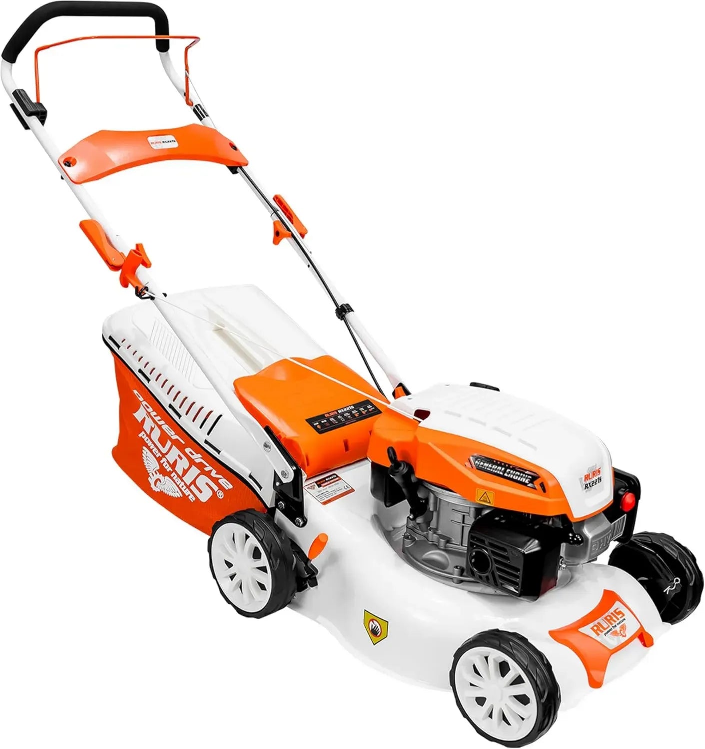 Tondeuse à Gazon Thermique RURIS RX221S, 3,5 CV, Largeur 42 cm, Sac 45L, 3 Fonctions: Collecte, Éjection Arrière, Mulching, Acier Robuste, Hauteur Réglable 25-75 mm, Couleur Orange
