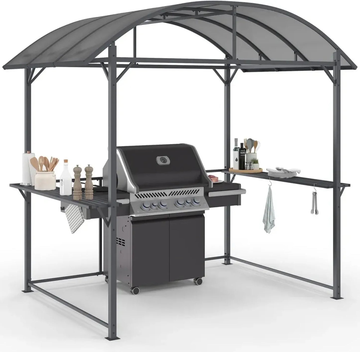 Abris Barbecue Métal Gris 240x150x220 cm avec Toit Polycarbonate et Étagères