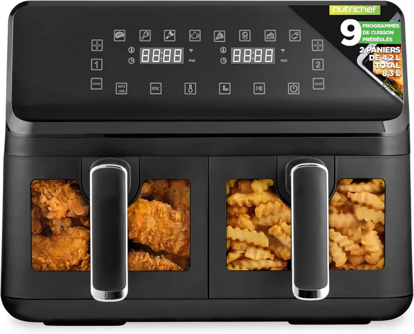 Friteuse à Air 8.8L Double Panier - Cuisson Saine avec Fenêtre Transparente, 9 Programmes