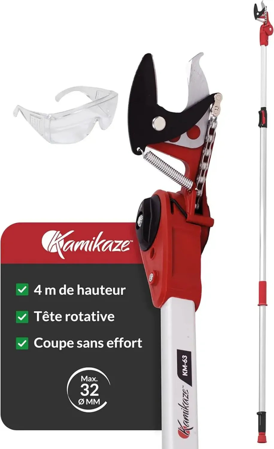 Élagueur Télescopique Kamikaze jusqu'à 4 m, Poulies Réductrices d'Effort, Tête Pivotante, Lame SK5 Antiadhésive