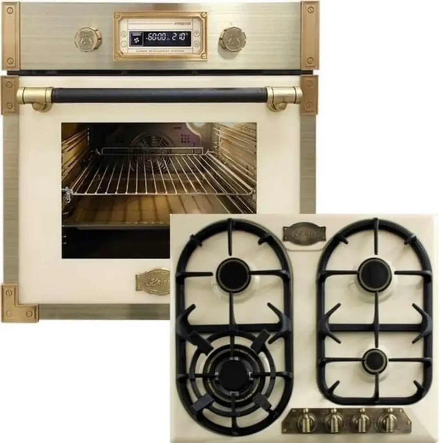 Ensemble Four Pyrolyse et Cuisinière Gaz Rétro Kaiser - 73L - Verre Ivoire - 60 cm