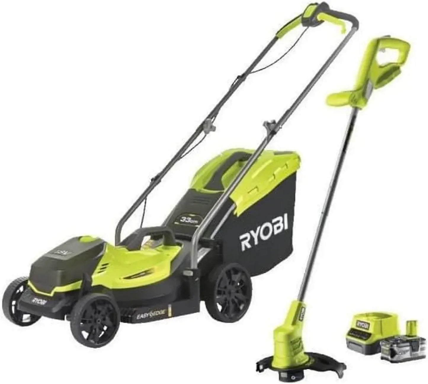 Tondeuse à Gazon RYOBI 18V One+ avec Batterie et Coupe-Bordures Gratuit - Largeur 33cm, Pour Jardins jusqu'à 200m²