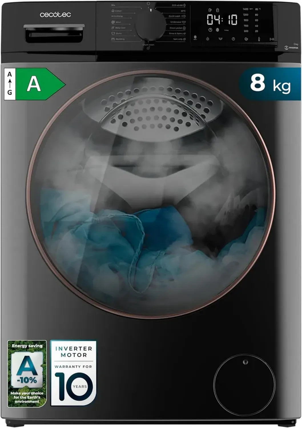 Cecotec Lave-linge 8 kg Inverter, 1400 RPM, SteamMax, 15 Programmes, Chargement Frontal