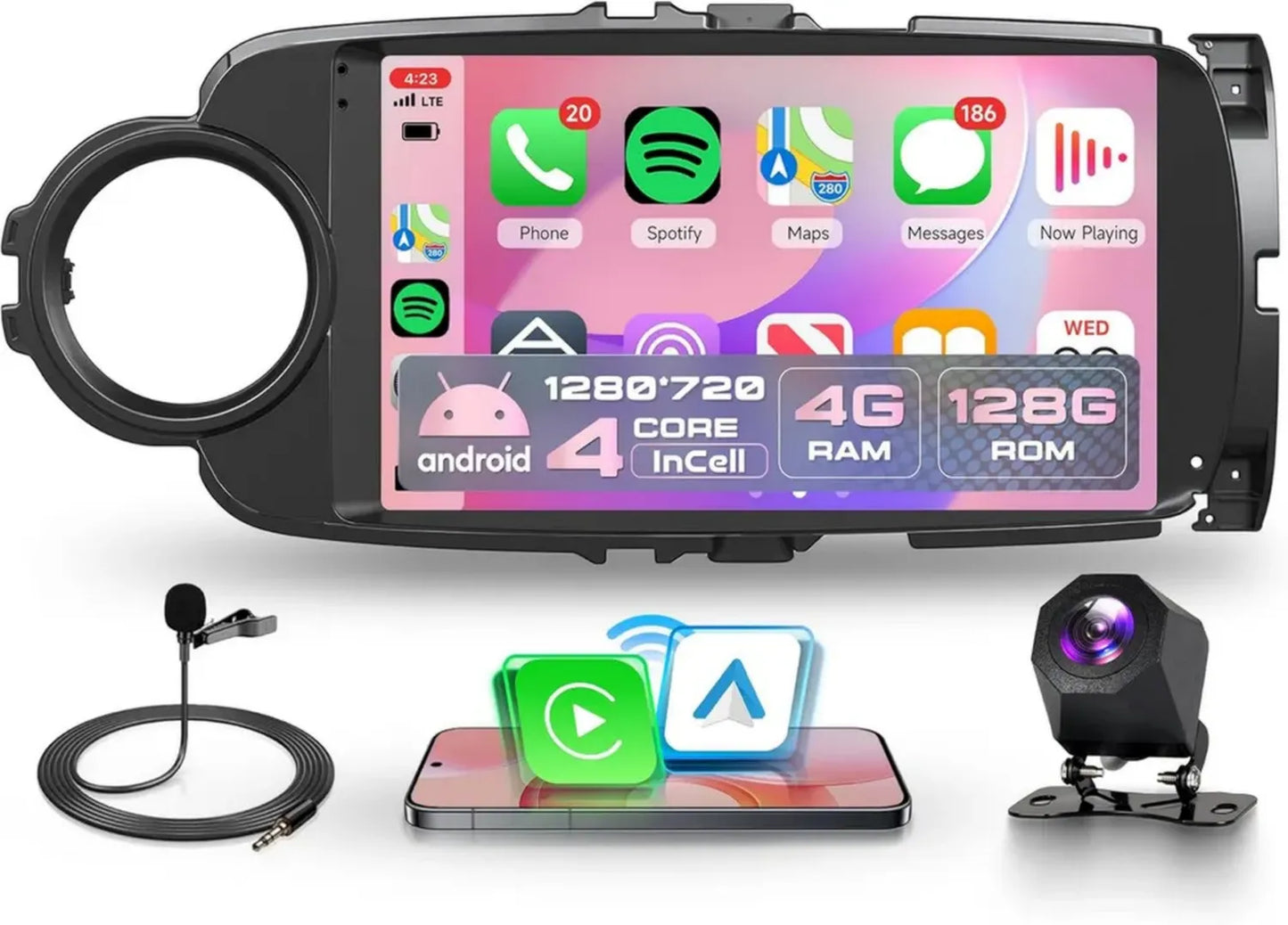 Autoradio Android 9'' 4G+128G pour Toyota Yaris Grmn 2012-2017 avec Écran Incell, Carplay sans Fil, GPS, WiFi, Mirror Link et Caméra de Recul