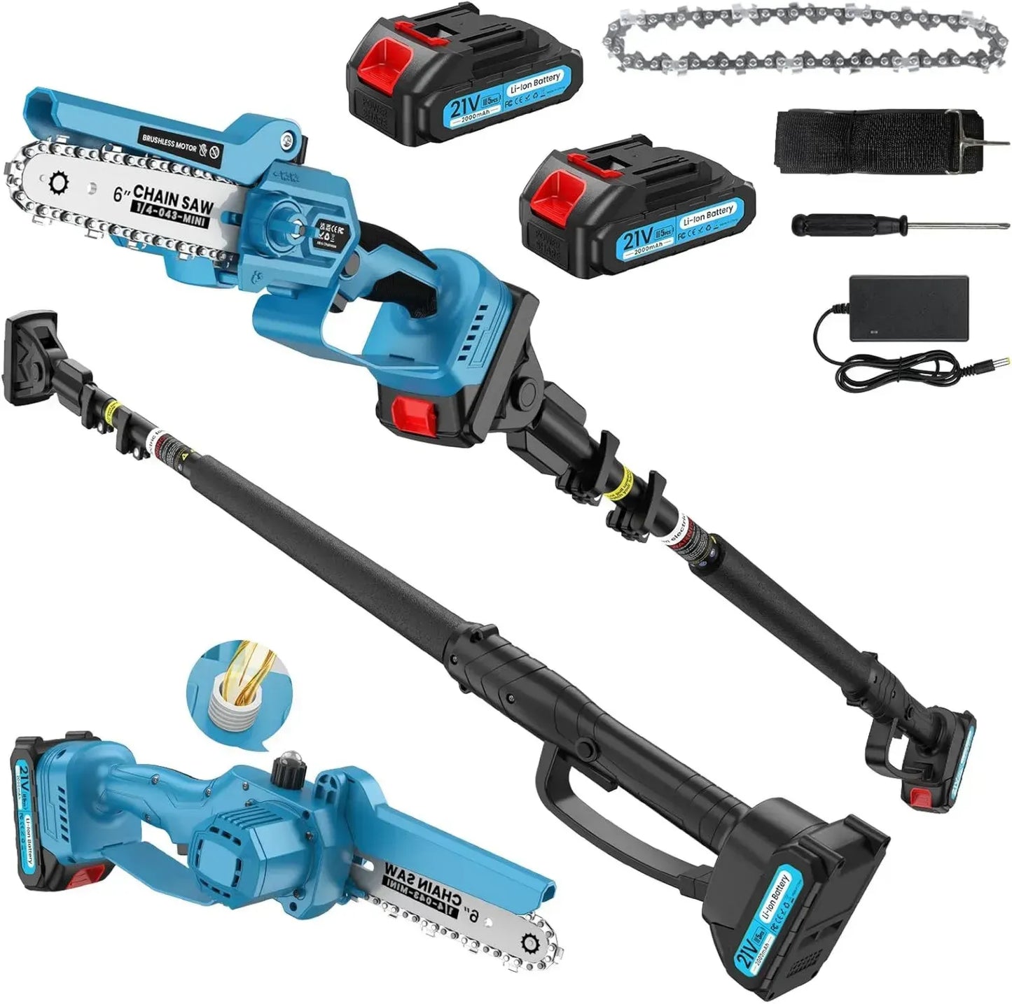 Tronçonneuse Télescopique 2-en-1 avec Mini Scie 6 pouces, Moteur 1000W, 2 Batteries 2000 mAh, Coupe jusqu'à 4 m pour Élagage