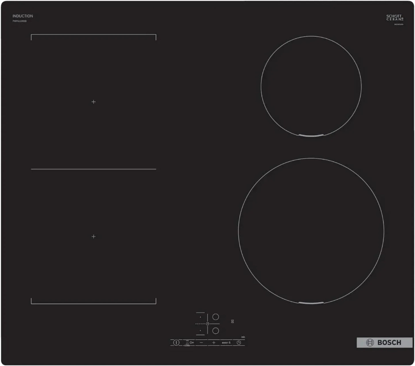 Plaque de cuisson à induction Bosch Série 4, TouchSelect, CombiZone et PowerBoost, intégrée, 60 cm, noir