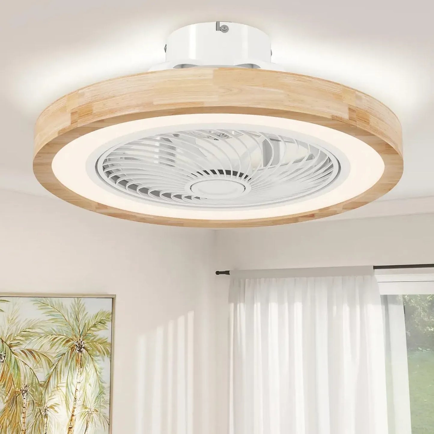 Ventilateur de Plafond Réversible avec Éclairage LED et Télécommande, Silencieux, 6 Vitesses, Bois Naturel