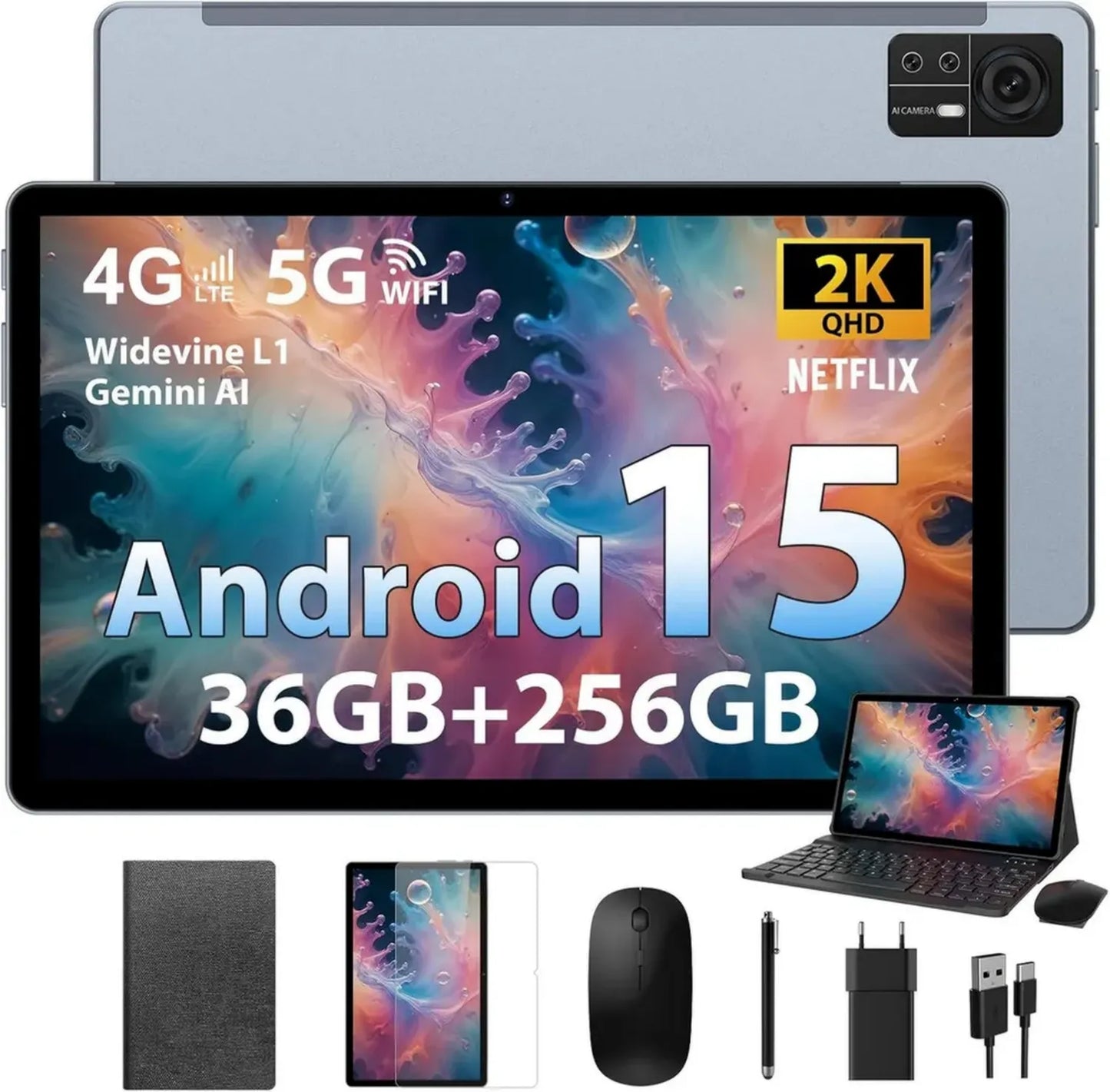 Tablette Android 11 Pouces 4G/5G LTE WiFi, Octa-Core, 36Go+256Go, Batterie 9580mAh, Clavier Inclus, Gris
