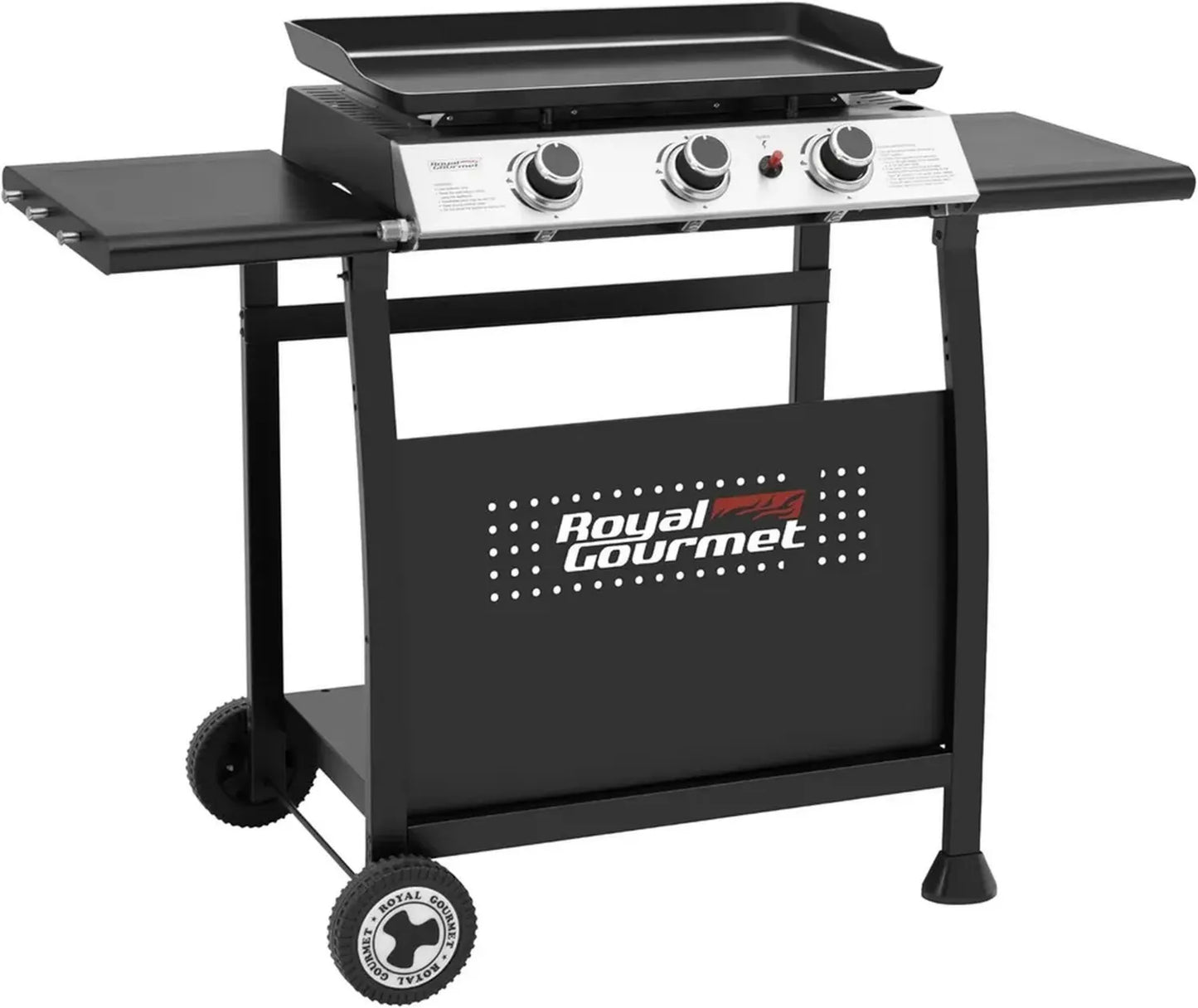 Plancha à Gaz sur Chariot Royal Gourmet, 3 Brûleurs, 7.5 kW, Plaque Amovible 62 x 35.5 cm, 2 Tablettes et Roues, Portable pour Jardin et Extérieur, Noir