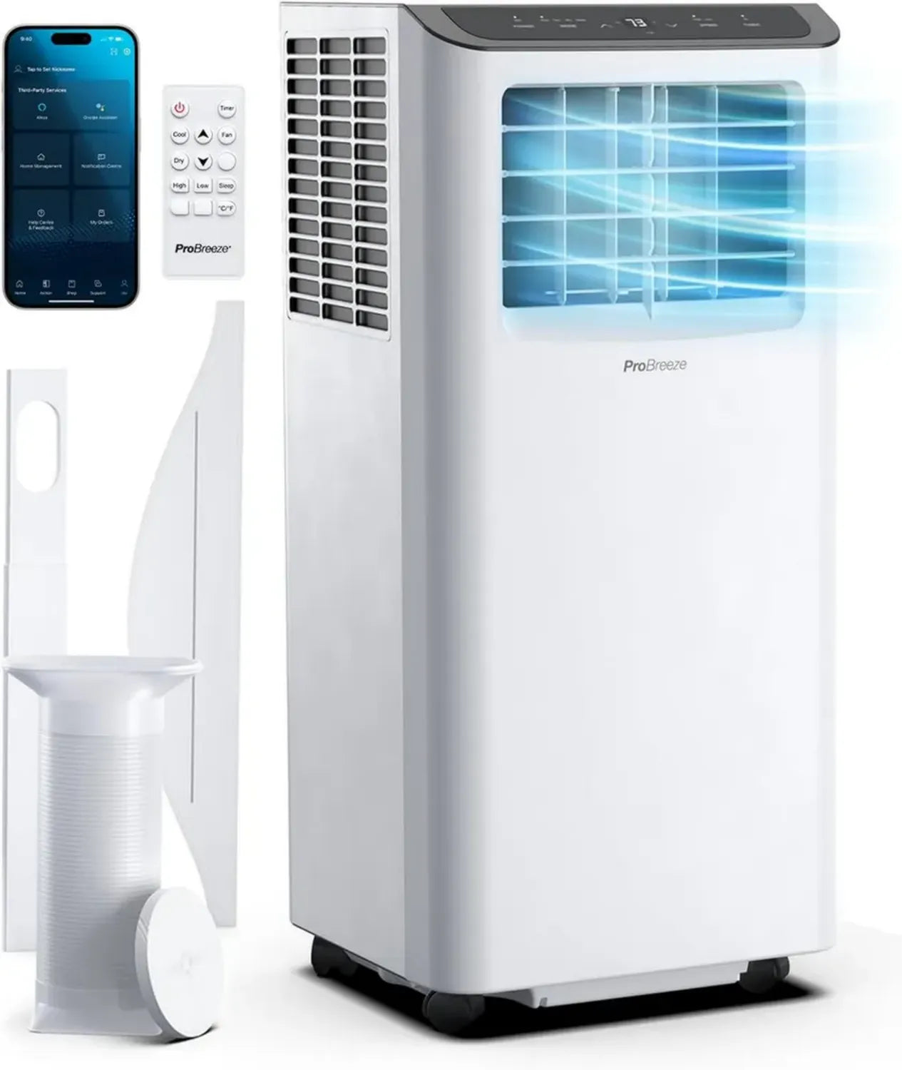 Climatiseur Portable 4-en-1 Pro Breeze 9000 BTU - Compatible WiFi avec Application, Télécommande et Kit Fenêtre - Pour Pièces jusqu'à 22m², Écoénergétique Classe A