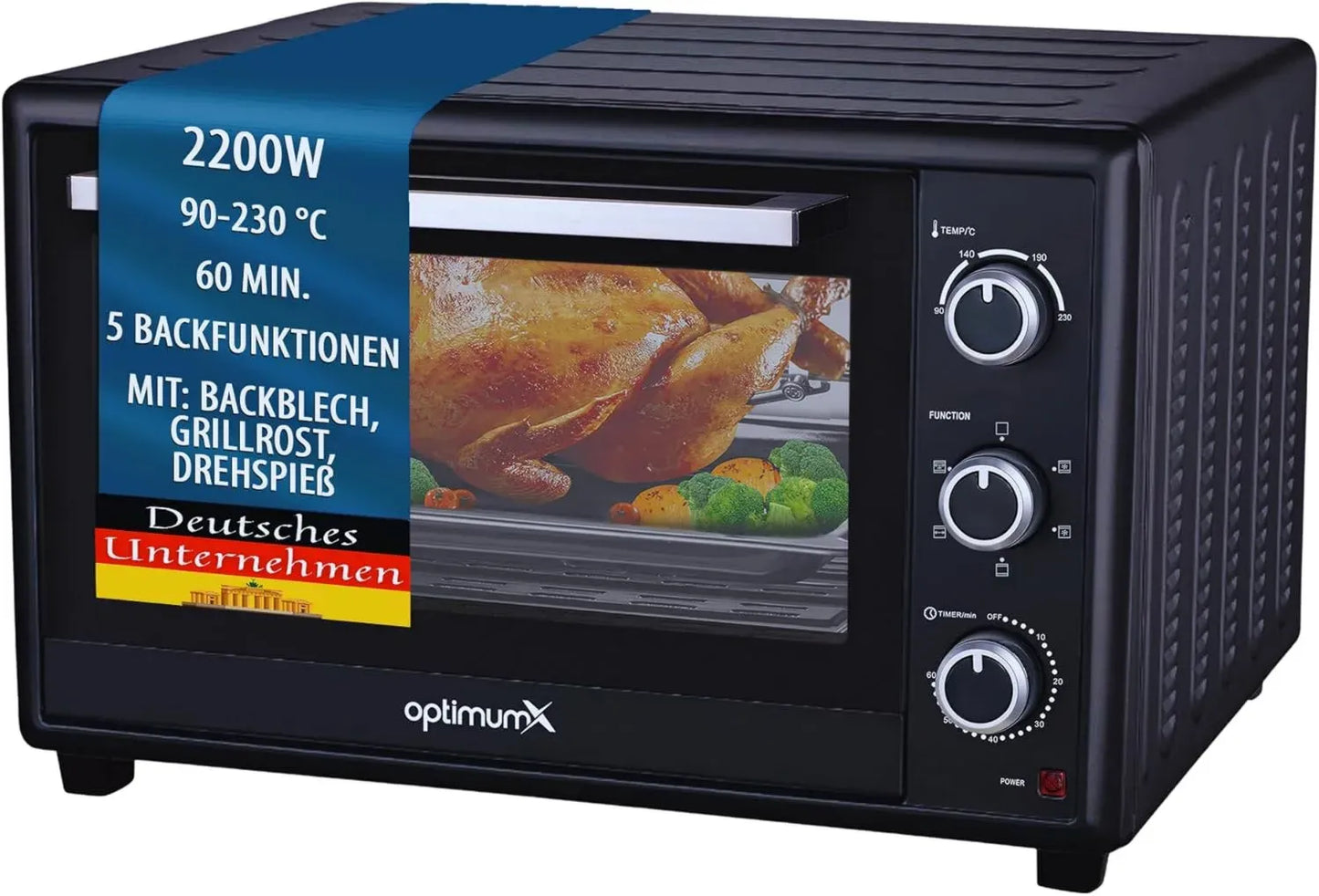 Four Électrique XXL 60L à Chaleur Convection, 2200W, Fonction Tournebroche, Éclairage Intérieur, 40-230°C, Noir