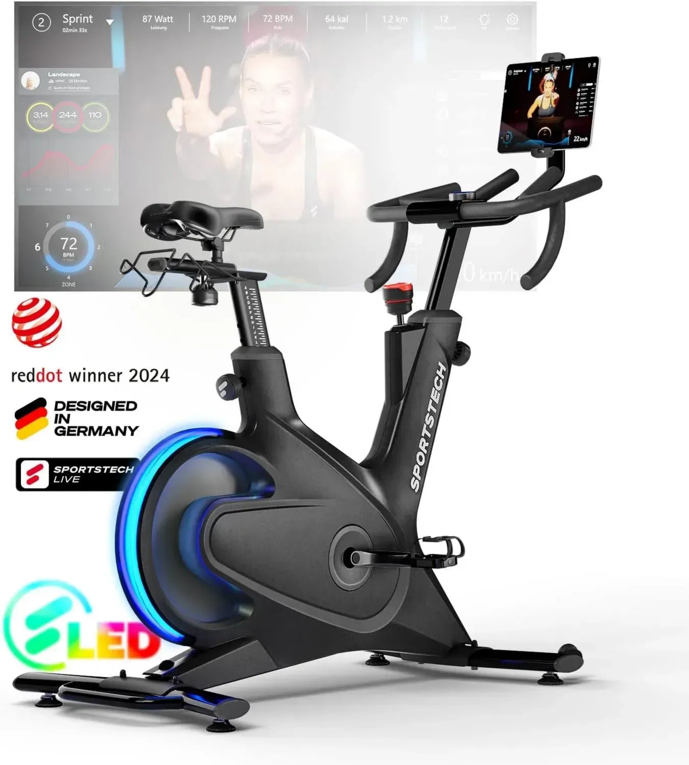 Vélo d'Appartement Sportstech sBike Lite - LED Intégrées, Application Interactive et Support Tablette 360°