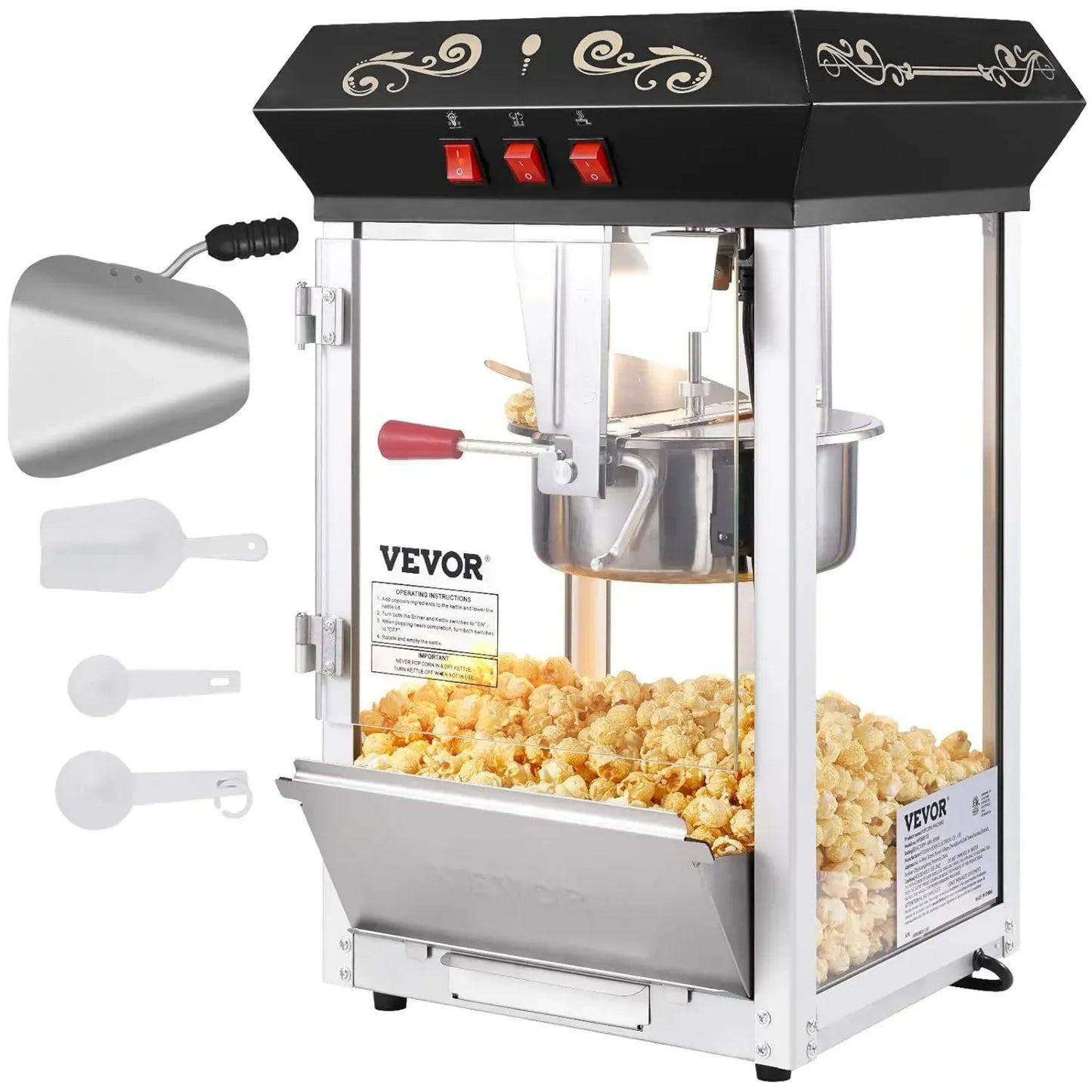 Machine à Pop Corn Électrique VEVOR 850W, Capacité 48 Tasses, Verre Trempé et Accessoires, Nettoyage Facile, Style Cinéma, Noir