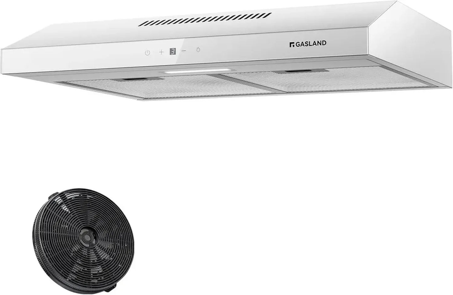 Hotte de Cuisine 60 cm GASLAND SR60WS, Silencieuse 214 m³/h, 3 Vitesses, Filtre à Charbon Inclus, Métal Blanc et Verre