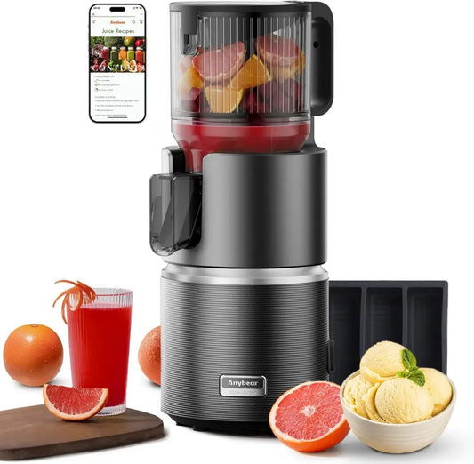 Extracteur de Jus 350W Anybear, Centrifugeuse à Froid, Goulotte Large 124mm, Pressage Lent Double Système, Tritan Sans BPA