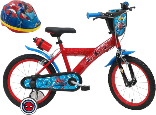Vélo Enfant 16'' Marvel Spiderman avec Freins, Design Rouge et Casque Inclus