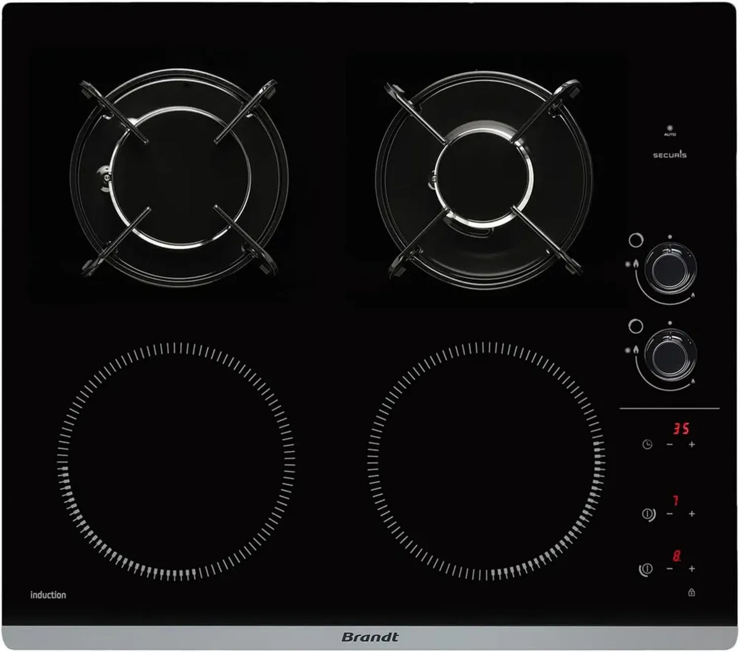 Brandt BPI6413BM Plaque de Cuisson Hybride Induction et Gaz, Noir, 4 Zones, 3400W + 4600W, 56x49cm, 9 niveaux, Fabriqué en France