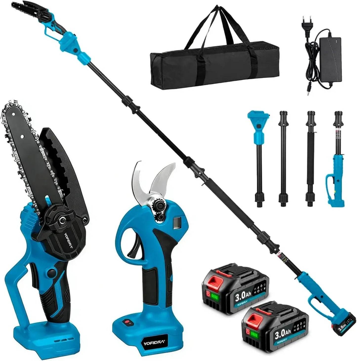Kit d'Outils de Jardin Yofidra 4 en 1: Tronçonneuse et Sécateur Électriques avec Batterie, Perche Télescopique 4,6 m, 2 Batteries 3,0 Ah