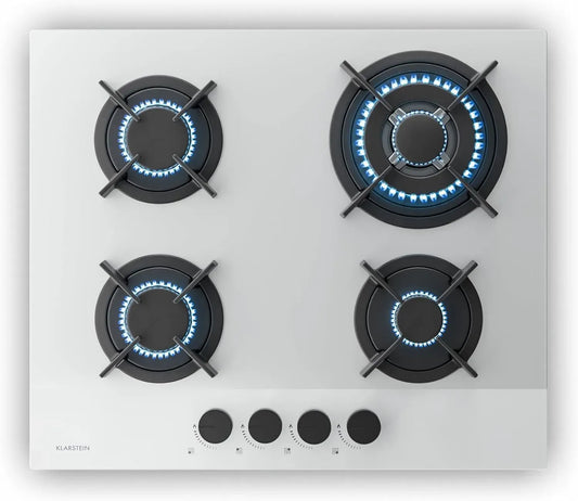 Klarstein Velaire Plaque de Cuisson à Gaz 60 cm - 4 Feux 8000W, Verre Trempé, Allumage Électrique, Système de Sécurité, Compatible GPL et Gaz Naturel, Kit Tuyau Inclus, Blanc