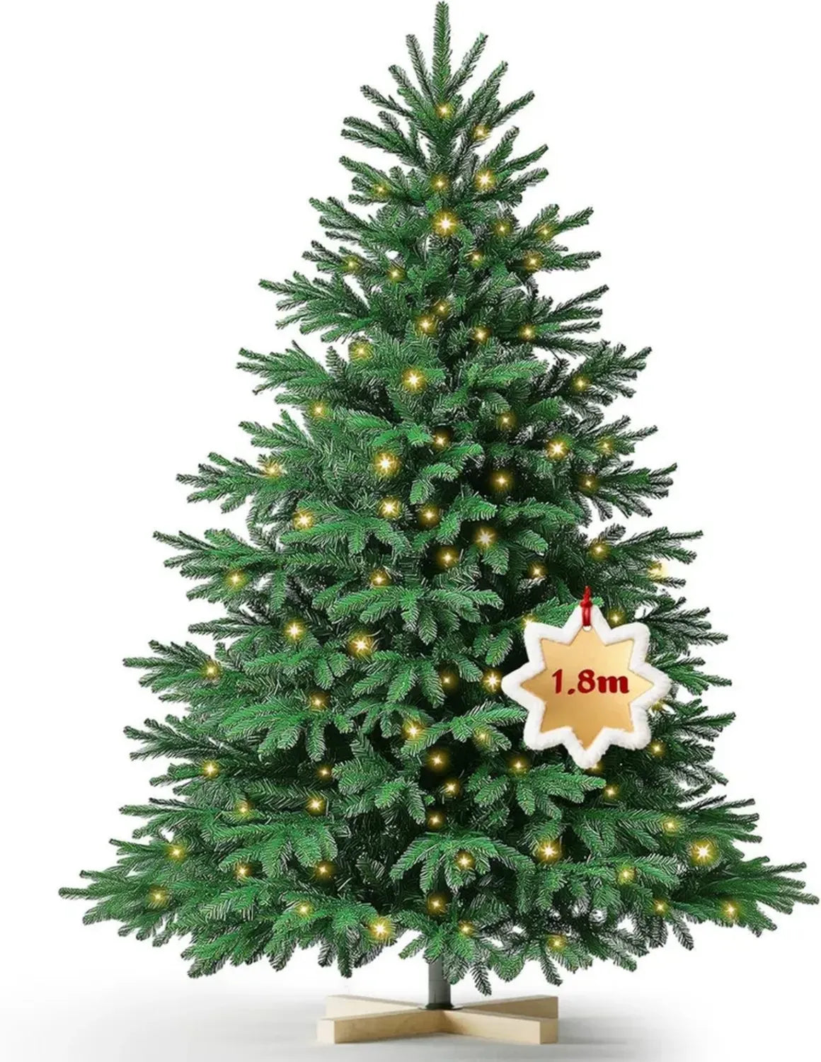 Sapin de Noël Artificiel 180cm Vert avec LED, 953 Branches en PVC/PE, Pied en Bois