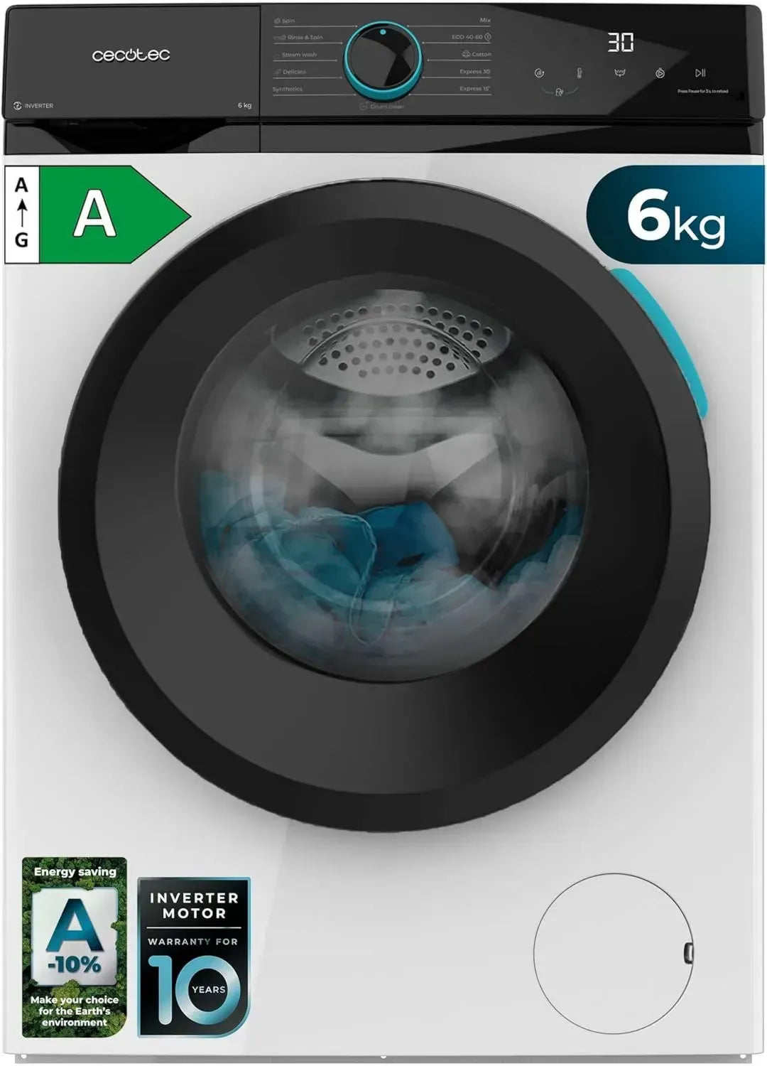 Lave-linge Frontal Cecotec 6 kg Inverter, 1200 tr/min, 11 Programmes, Économie d'Énergie