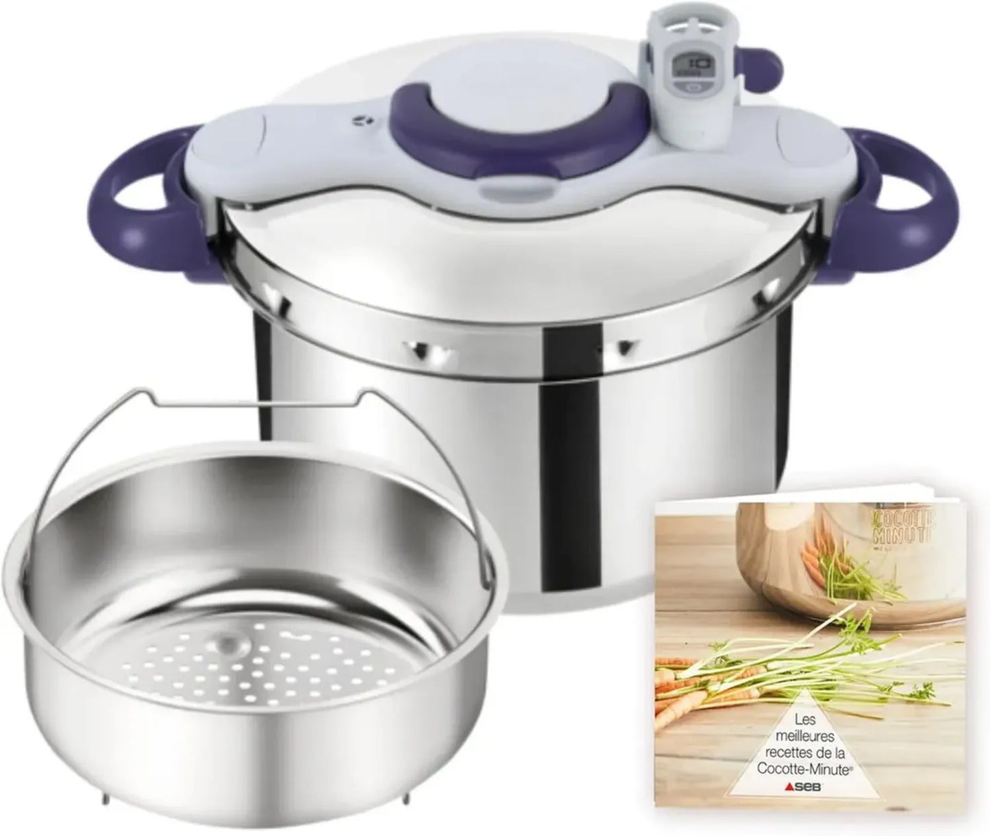 Cocotte-minute Seb Clipsominut' 7,5 L avec Minuteur et Livre de Recettes, Compatible Induction, Fabriqué en France, Violet