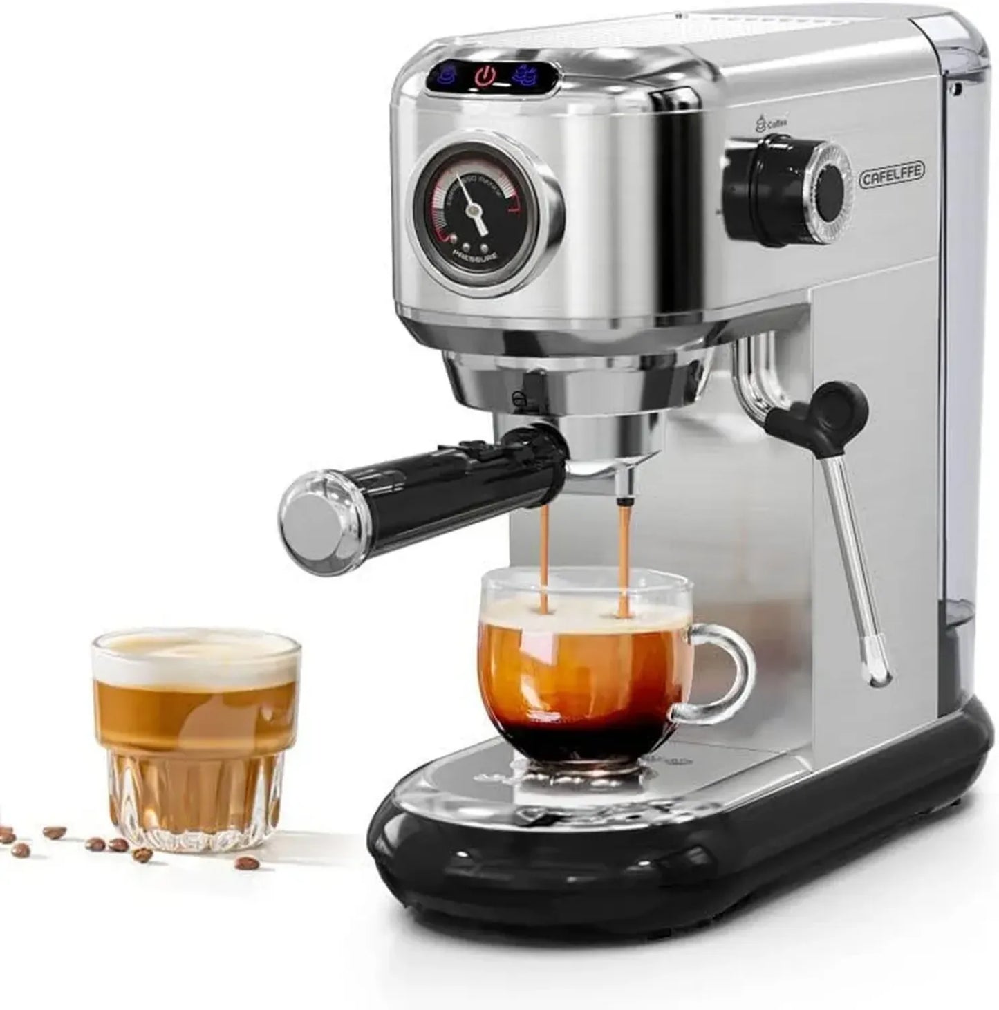 Machine à espresso Cafelffe MK-601, 20 bars, inox avec mousseur à lait et manomètre, compatible café moulu et dosettes ESE, réservoir 1,1 L, argent