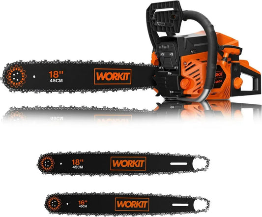WORKIT Tronçonneuse Thermique 52cc, 2 Temps, Guides 20' & 16', 2 Chaînes Incluses, Lubrification Auto, Frein de Chaîne