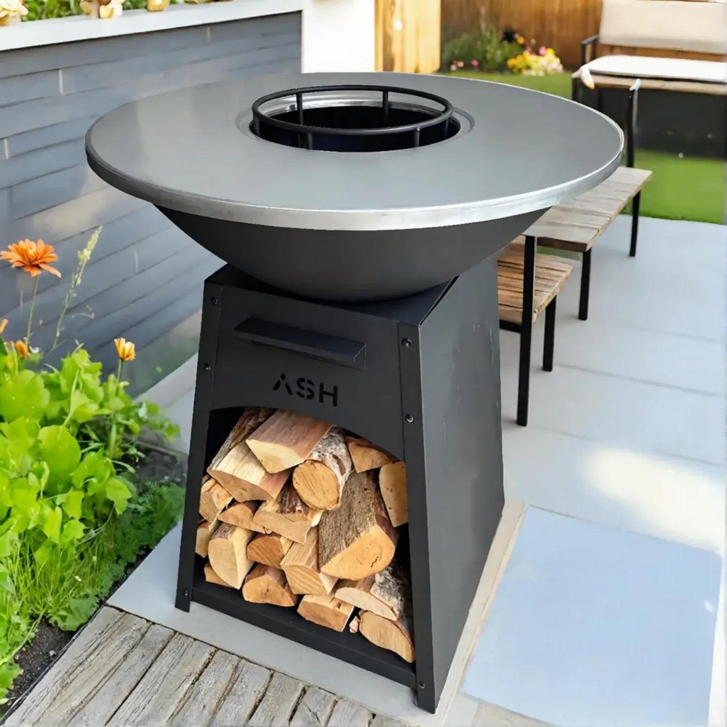 Plancha de Luxe pour Jardin avec Rangement Bois et Anneau BBQ