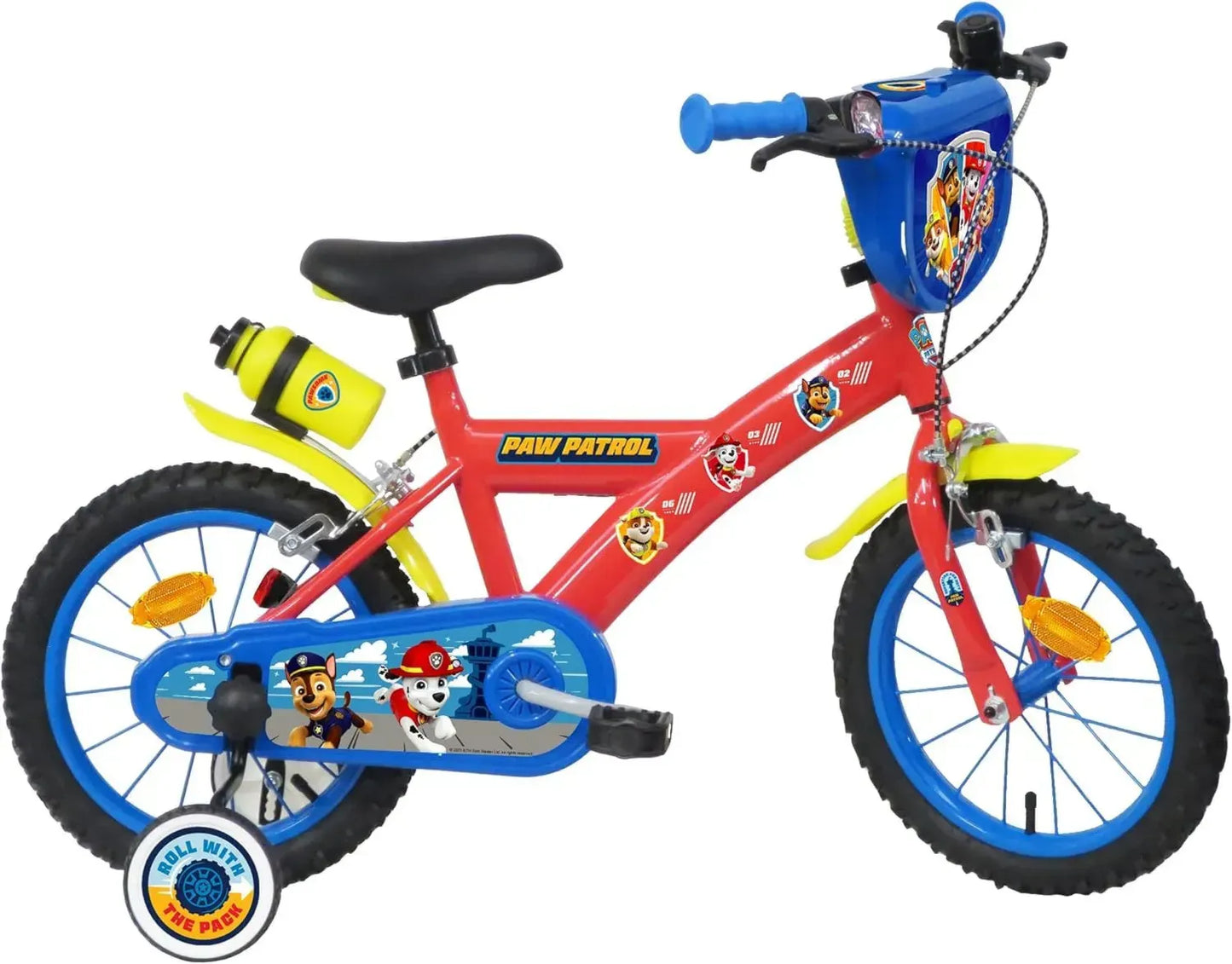 Vélo Enfant 14'' Pat'Patrouille avec Freins Doubles, Décoration Avant, Gourde et Roues Stabilisatrices Amovibles