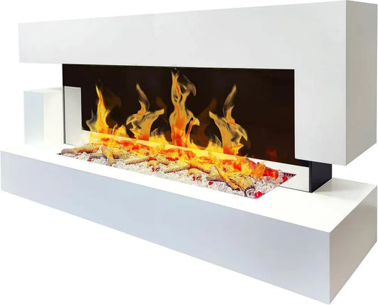 Cheminée Électrique Murale LED 150 cm, Design Français, 2000W, Blanc, Effet Flammes