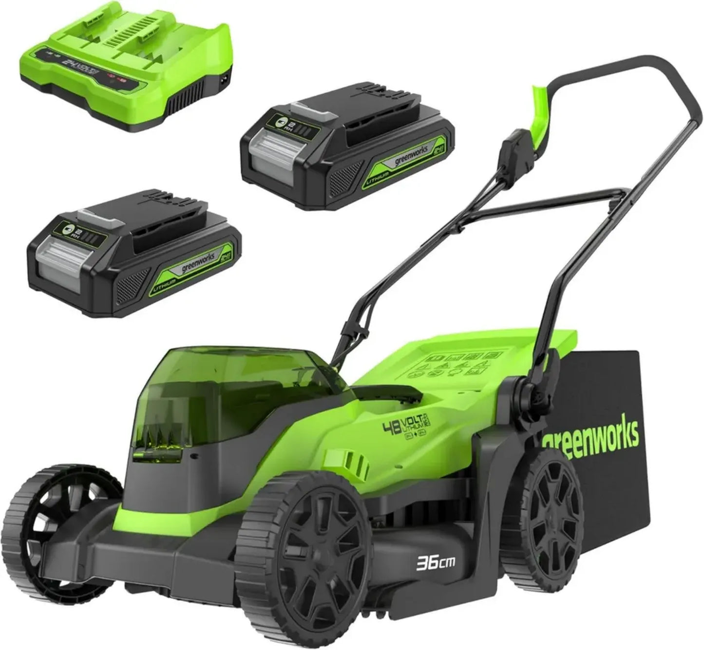 Tondeuse à Gazon Sans Fil 48V Greenworks, Largeur 36cm, Jusqu'à 200m², Sac 40L, Inclus 2 Batteries 2Ah et Chargeur Double, Garantie 3 Ans