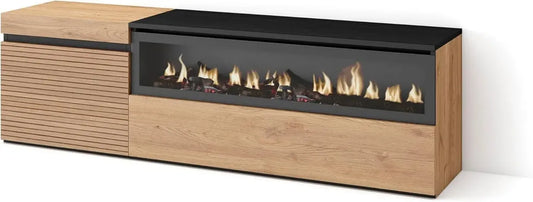 Skraut Meuble TV Moderne avec Cheminée Électrique, 150x45x35cm, pour Téléviseurs jusqu'à 65 Pouces, Espace de Rangement, Finition Chêne