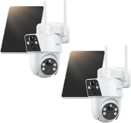 Caméra de Surveillance Extérieure 4K WiFi, Double Objectif et Détection PIR, Rotation 360° Solaire, Vision Nocturne en Couleur, Audio Bidirectionnel, Étanche, Batterie Haute Capacité, Lot de 2