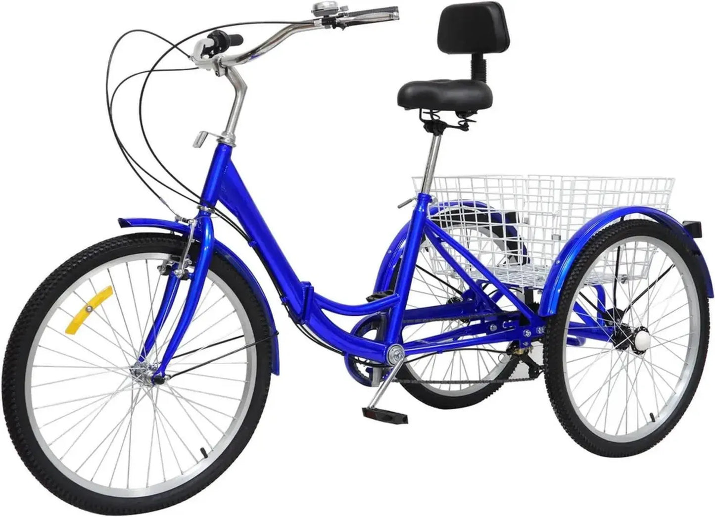 Tricycle adulte pliant 24 pouces, 7 vitesses, avec panier, idéal pour seniors et femmes, hauteur ajustable, bleu
