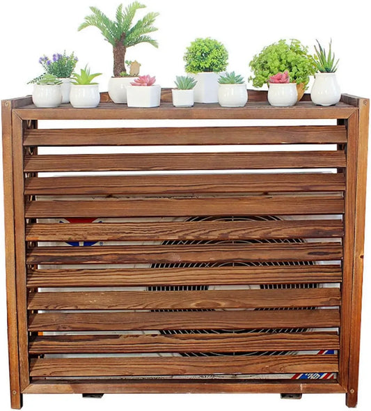 Couvre Climatiseur Extérieur en Bois, Support Décoratif Résistant aux Intempéries, Marron, Plusieurs Tailles Disponibles
