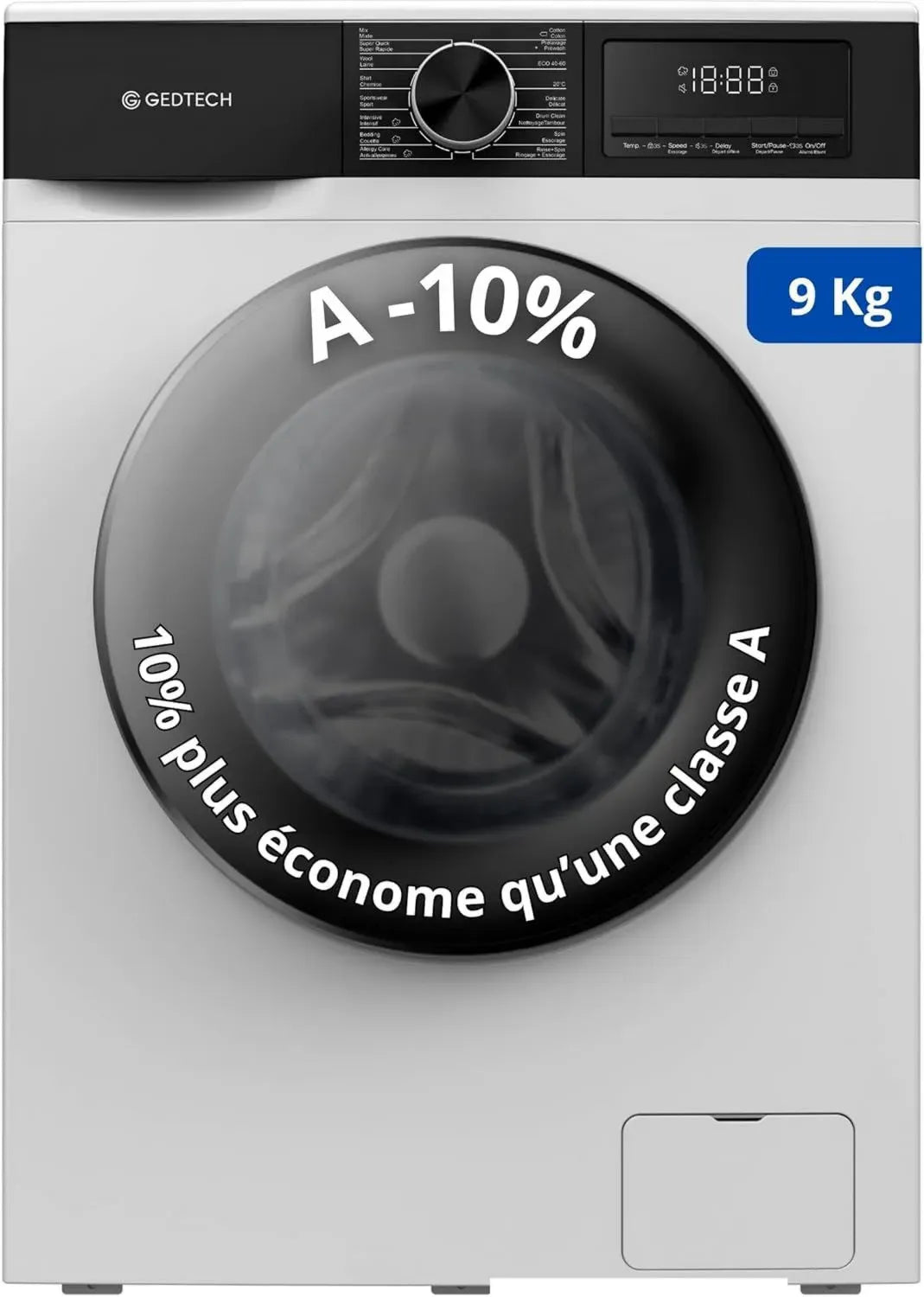 Lave-linge frontal 9 kg GEDTECH GLL91400WH - 1400 tr/min - 16 programmes - Économique et Intensif - Classe A+